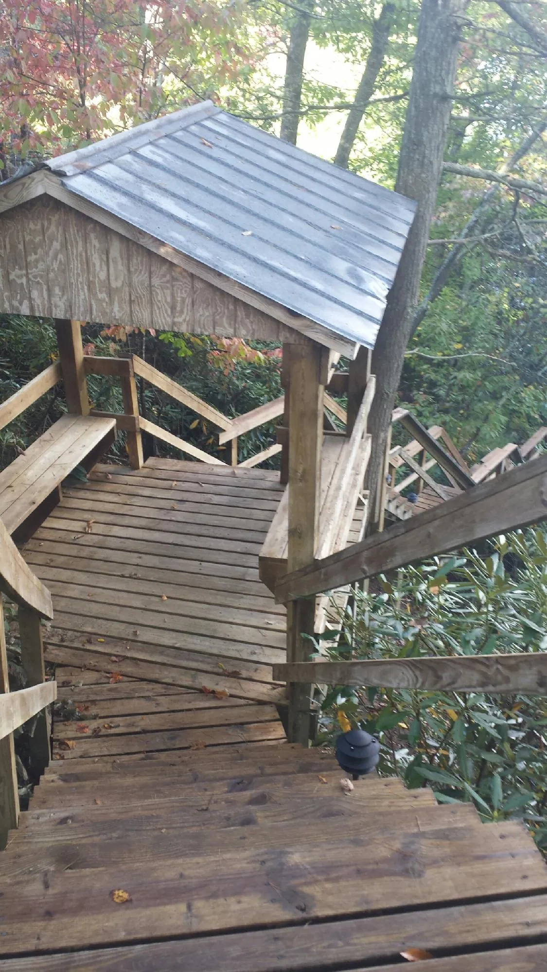 Metal roofed shelter over wooden steps on a wooded walkway — Skylight Repair & Installation work by our crew in North Vernon